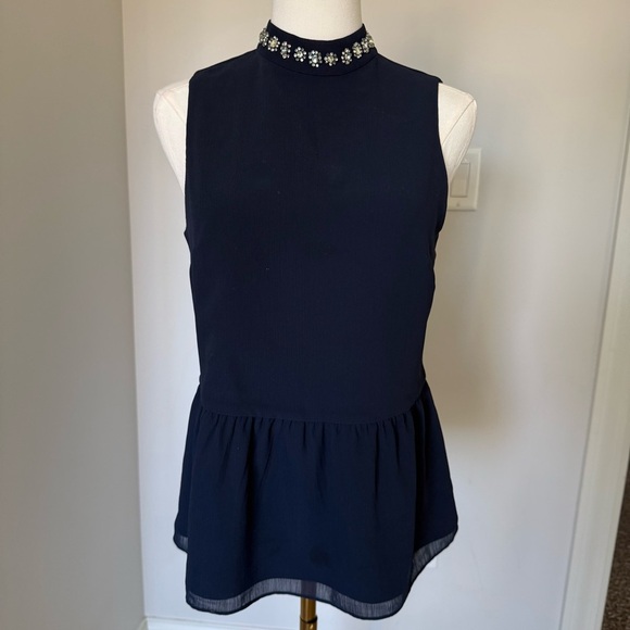 J. Crew Dark Blue Sleeveless Women’s Top with Embellished Collar XS - Picture 3 of 8
